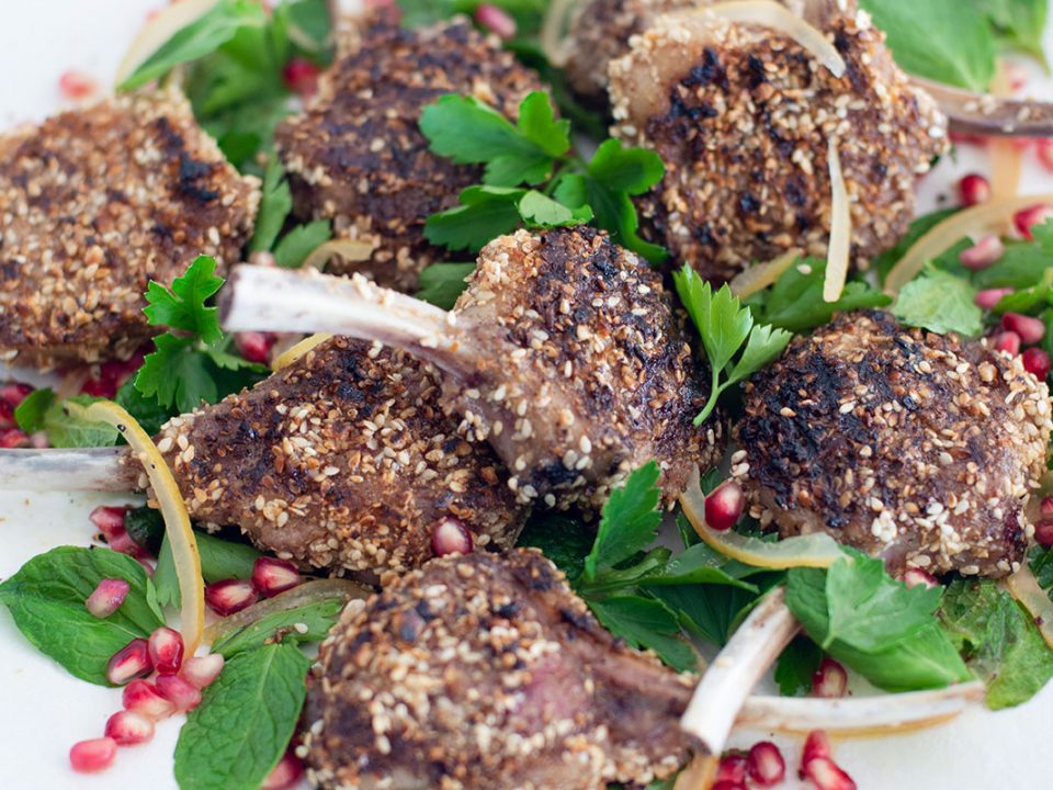 Dukkah Lamb Cutlets with Mint & Pomegranate Salad