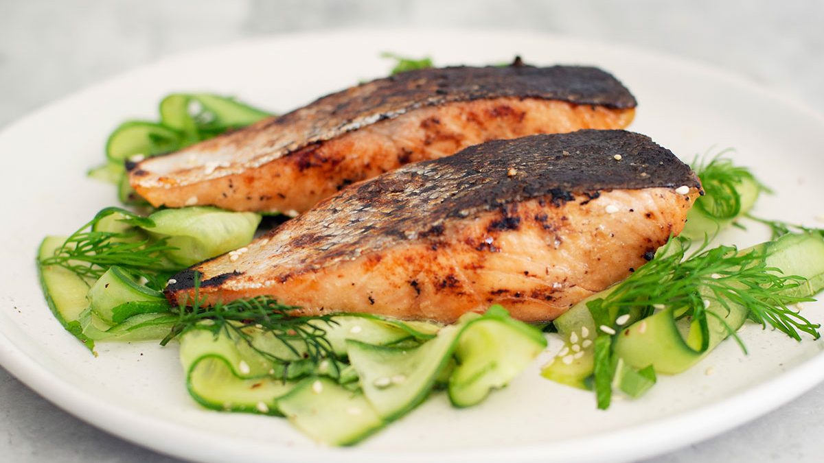 Grilled Miso Salmon with Cucumber & Mint Salad