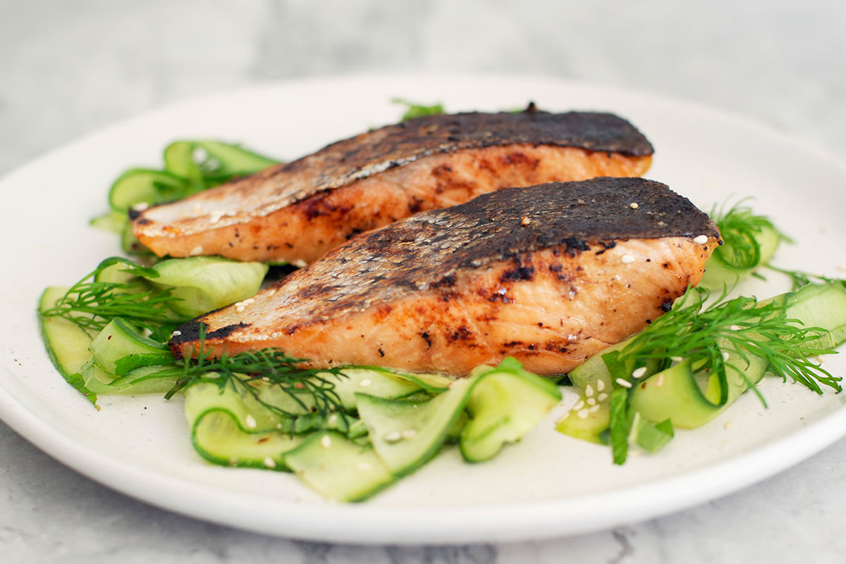 Grilled Miso Salmon with Cucumber & Mint Salad
